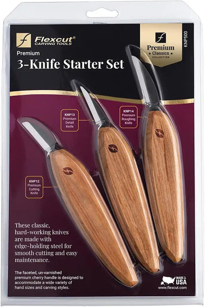 Premium Series Wood Carving Tool Set, 3-Knife Starter Kit with Cutting, Detail, and Roughing Knives, Ergonomic Cherry Wood Handles, USA Made