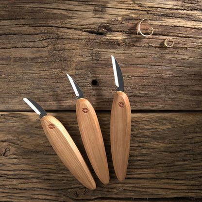Premium Series Wood Carving Tool Set, 3-Knife Starter Kit with Cutting, Detail, and Roughing Knives, Ergonomic Cherry Wood Handles, USA Made