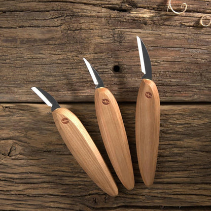 Premium Series Wood Carving Tool Set, 3-Knife Starter Kit with Cutting, Detail, and Roughing Knives, Ergonomic Cherry Wood Handles, USA Made