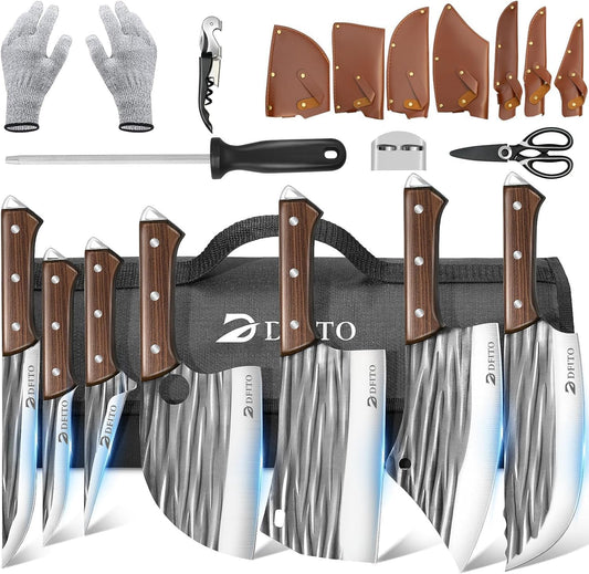 Butcher Knife Set, Sharp Kitchen Knife Set with Roll Bag Gift for Men | Hand Forged 14PCS Butcher Chef Knife Set with Bone Chopping Knives & Meat Cleaver Knife & Fillet Knives for Home, Camping BBQ