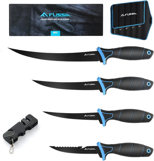 4-Piece Fillet Knife Set with Sharpener Protective Sheath, Belt Clip | Boning Knife & Bait Knives with Non-Slip Handle, Portable Pouch & Corrosion Resistant Coating Blade for Fresh or Saltwater