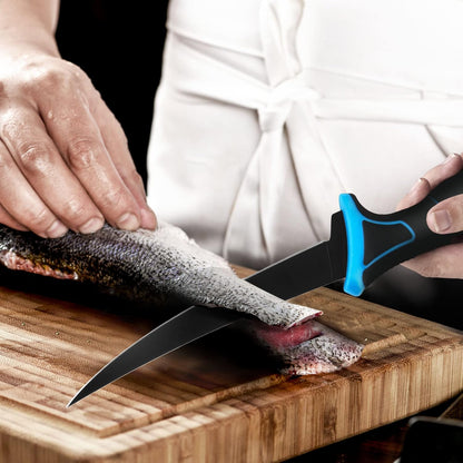 4-Piece Fillet Knife Set with Sharpener Protective Sheath, Belt Clip | Boning Knife & Bait Knives with Non-Slip Handle, Portable Pouch & Corrosion Resistant Coating Blade for Fresh or Saltwater