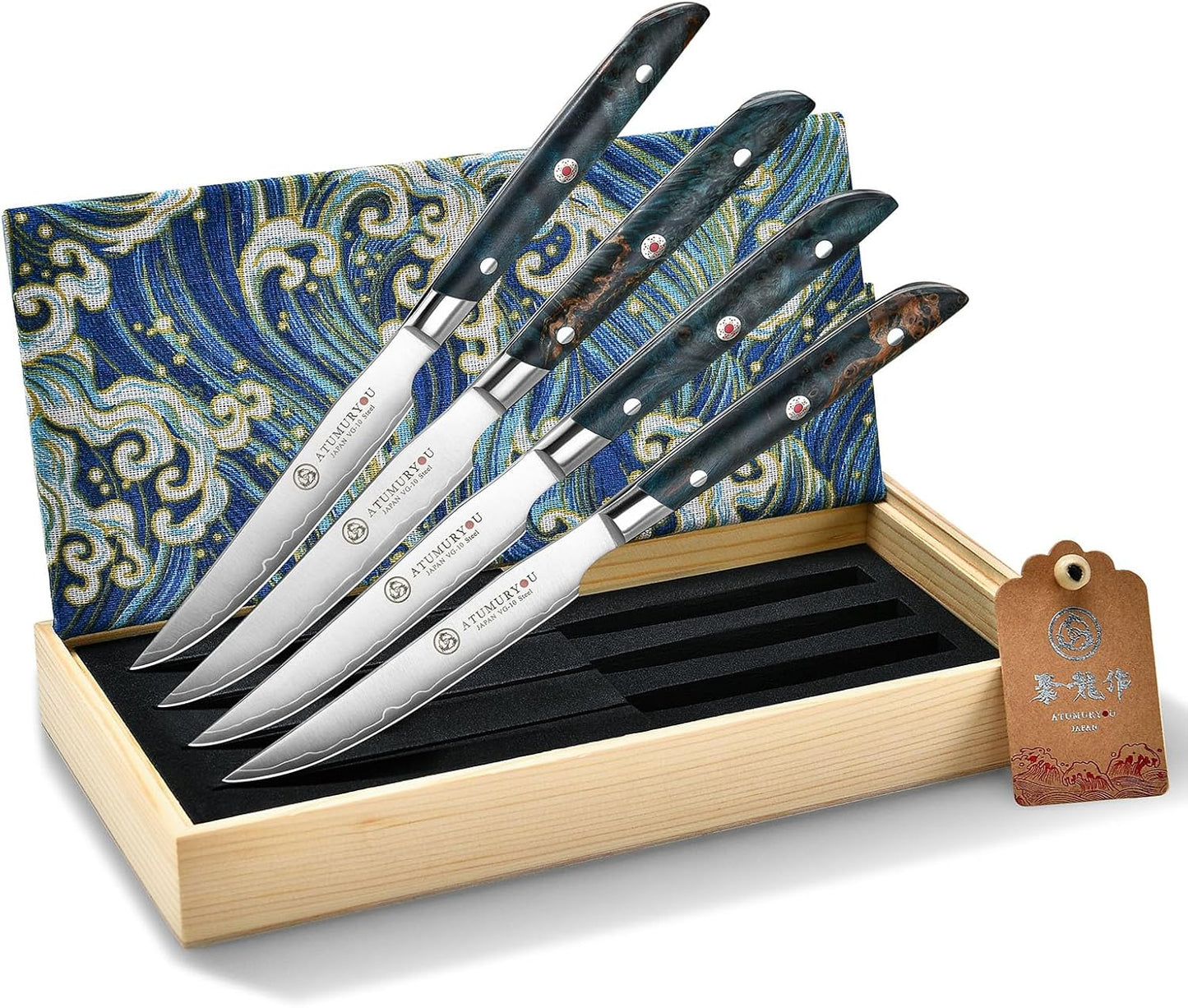 Japanese Steak Knives Set Of 4, 3-Layer VG10 Steel Core | Handcrafted High-Carbon Stainless Steel, Non-Serrated Edge, Steak & BBQ Meats, Stabilized Wood Handle, Premium Wood Box