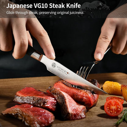 Japanese Steak Knives Set Of 4, 3-Layer VG10 Steel Core | Handcrafted High-Carbon Stainless Steel, Non-Serrated Edge, Steak & BBQ Meats, Stabilized Wood Handle, Premium Wood Box