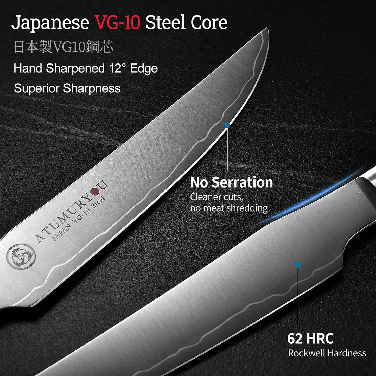 Japanese Steak Knives Set Of 4, 3-Layer VG10 Steel Core | Handcrafted High-Carbon Stainless Steel, Non-Serrated Edge, Steak & BBQ Meats, Stabilized Wood Handle, Premium Wood Box