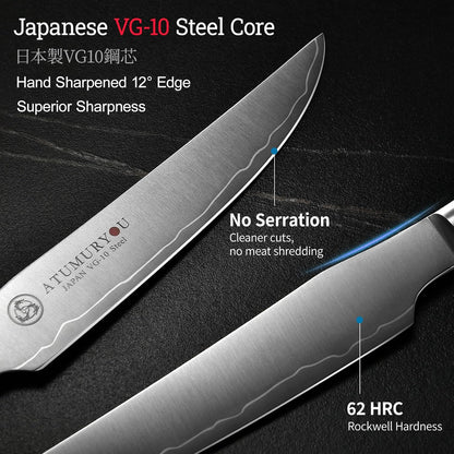 Japanese Steak Knives Set Of 4, 3-Layer VG10 Steel Core | Handcrafted High-Carbon Stainless Steel, Non-Serrated Edge, Steak & BBQ Meats, Stabilized Wood Handle, Premium Wood Box