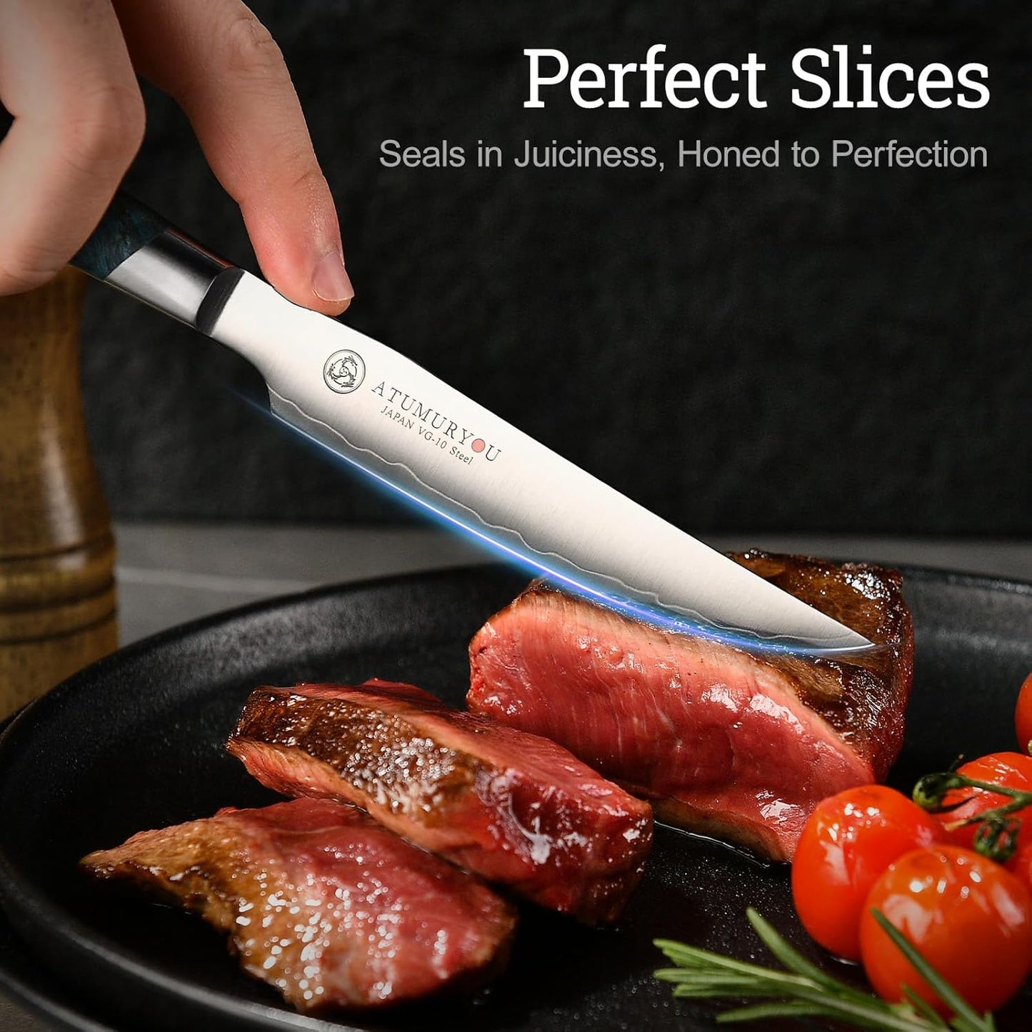 Japanese Steak Knives Set Of 4, 3-Layer VG10 Steel Core | Handcrafted High-Carbon Stainless Steel, Non-Serrated Edge, Steak & BBQ Meats, Stabilized Wood Handle, Premium Wood Box