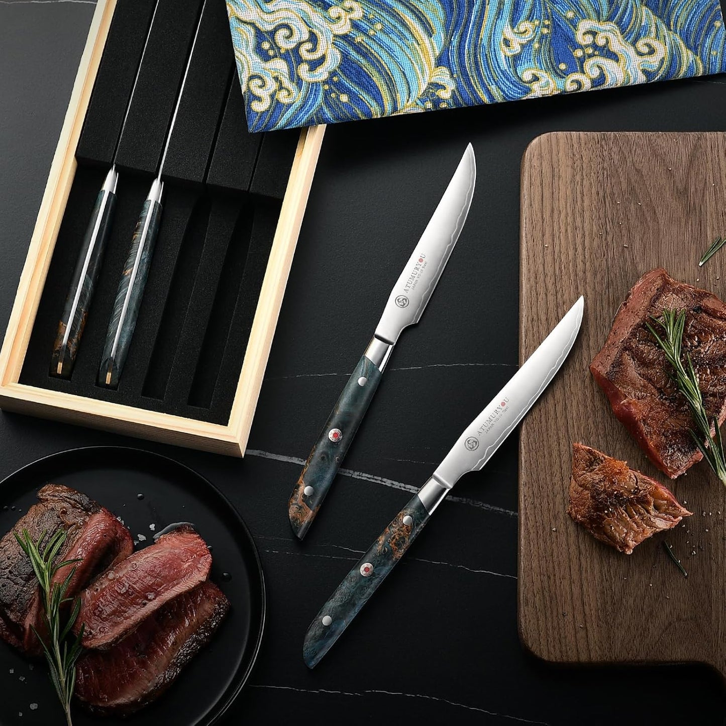 Japanese Steak Knives Set Of 4, 3-Layer VG10 Steel Core | Handcrafted High-Carbon Stainless Steel, Non-Serrated Edge, Steak & BBQ Meats, Stabilized Wood Handle, Premium Wood Box