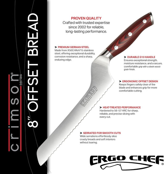 Crimson Series 8-Inch Serrated Offset Bread & Deli Knife - High-Carbon German X50CrMoV15 Stainless Steel Blade - Durable G10 Fiberglass Handle
