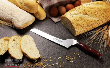 Crimson Series 8-Inch Serrated Offset Bread & Deli Knife - High-Carbon German X50CrMoV15 Stainless Steel Blade - Durable G10 Fiberglass Handle