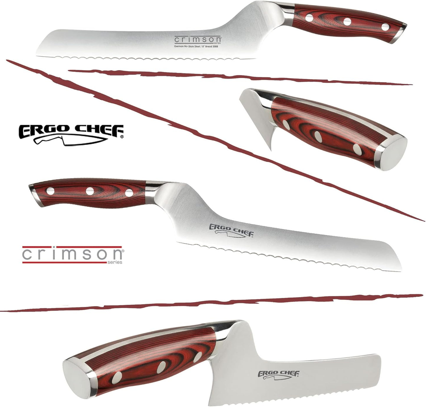 Crimson Series 8-Inch Serrated Offset Bread & Deli Knife - High-Carbon German X50CrMoV15 Stainless Steel Blade - Durable G10 Fiberglass Handle