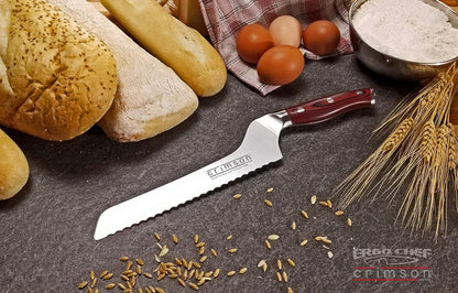 Crimson Series 8-Inch Serrated Offset Bread & Deli Knife - High-Carbon German X50CrMoV15 Stainless Steel Blade - Durable G10 Fiberglass Handle