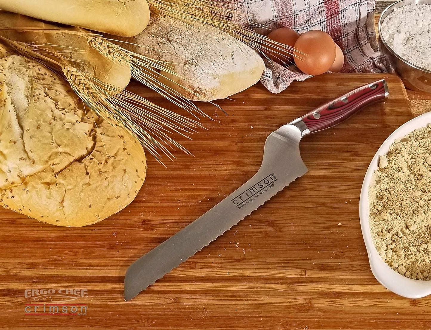 Crimson Series 8-Inch Serrated Offset Bread & Deli Knife - High-Carbon German X50CrMoV15 Stainless Steel Blade - Durable G10 Fiberglass Handle