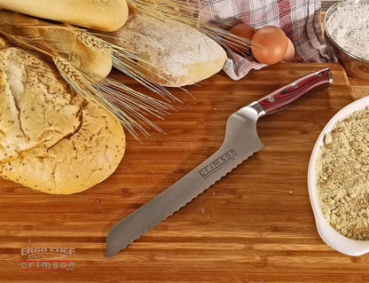 Crimson Series 8-Inch Serrated Offset Bread & Deli Knife - High-Carbon German X50CrMoV15 Stainless Steel Blade - Durable G10 Fiberglass Handle