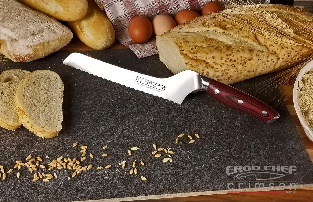 Crimson Series 8-Inch Serrated Offset Bread & Deli Knife - High-Carbon German X50CrMoV15 Stainless Steel Blade - Durable G10 Fiberglass Handle