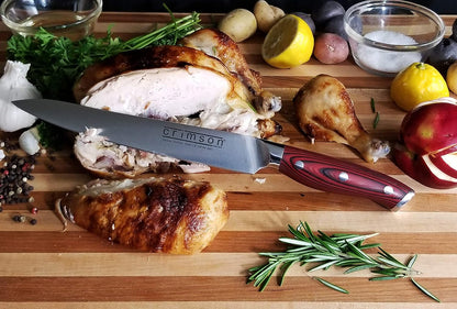 Crimson Series 8-Inch Serrated Offset Bread & Deli Knife - High-Carbon German X50CrMoV15 Stainless Steel Blade - Durable G10 Fiberglass Handle