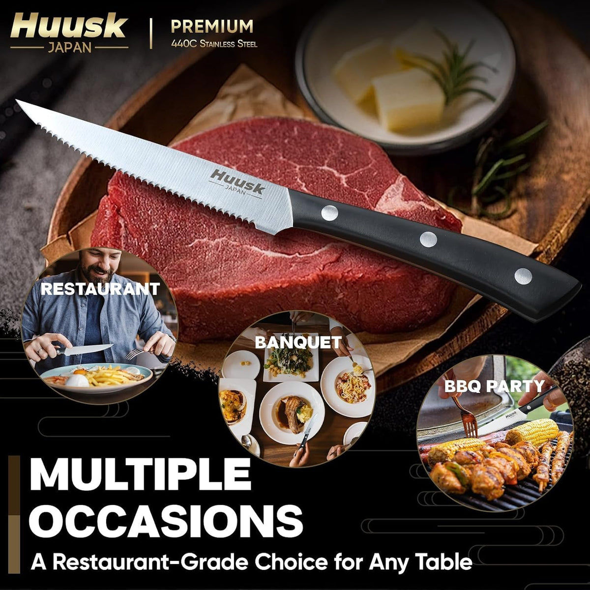 Huusk Steak Knives Set of 8, Sharp Serrated Steak Knives