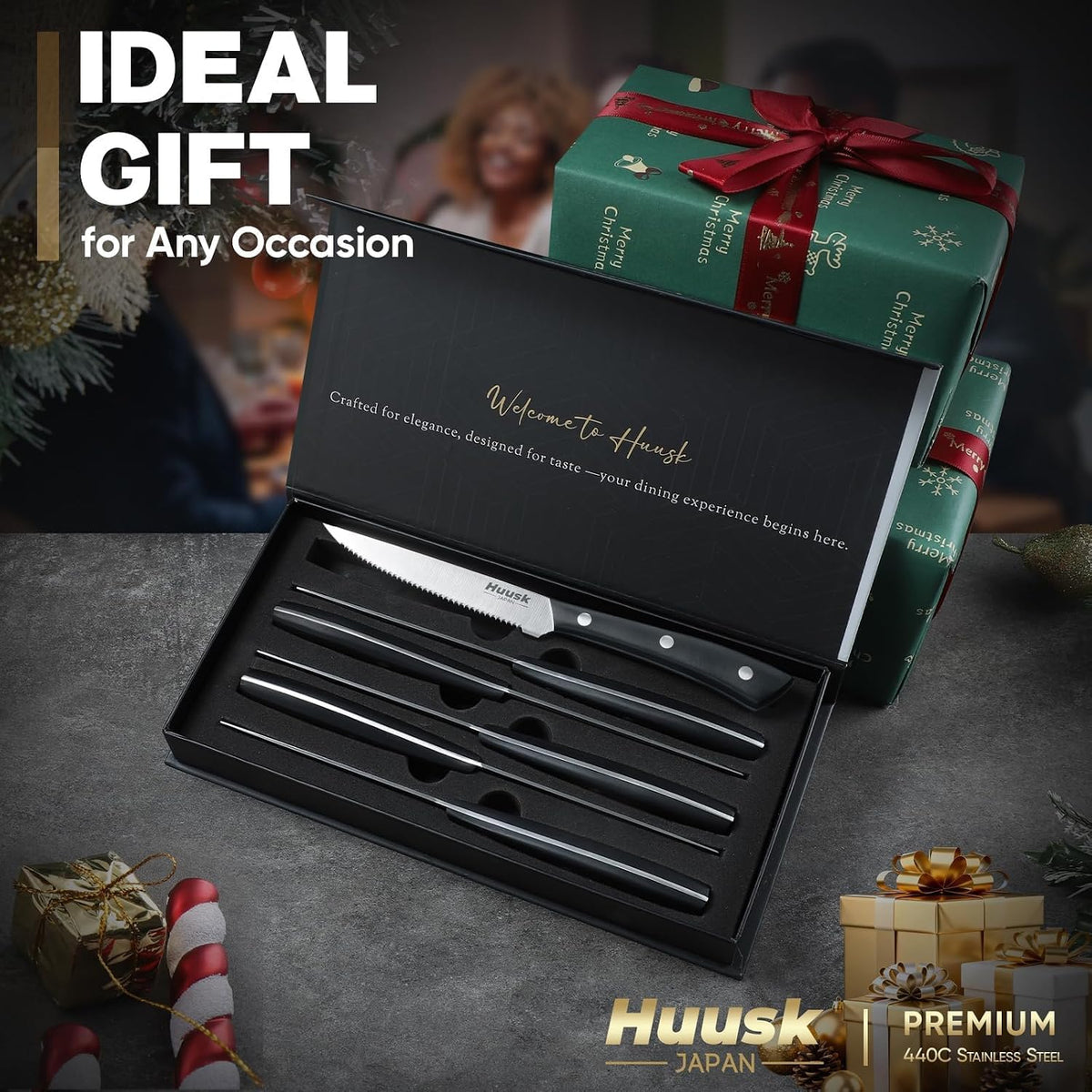 Huusk Steak Knives Set of 8, Sharp Serrated Steak Knives