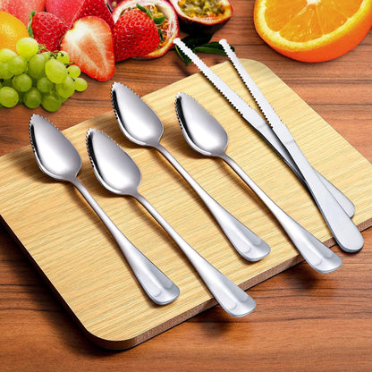 Nunnik Grapefruit Spoons Grapefruit Knife 6 Piece Stainless Steel Grapefruit Utensil Set Grapfruit knife Serrated Spoon Silver Fruit Knife Set Kitchen Gadgets for Grape Kiwi Lemon Desserts