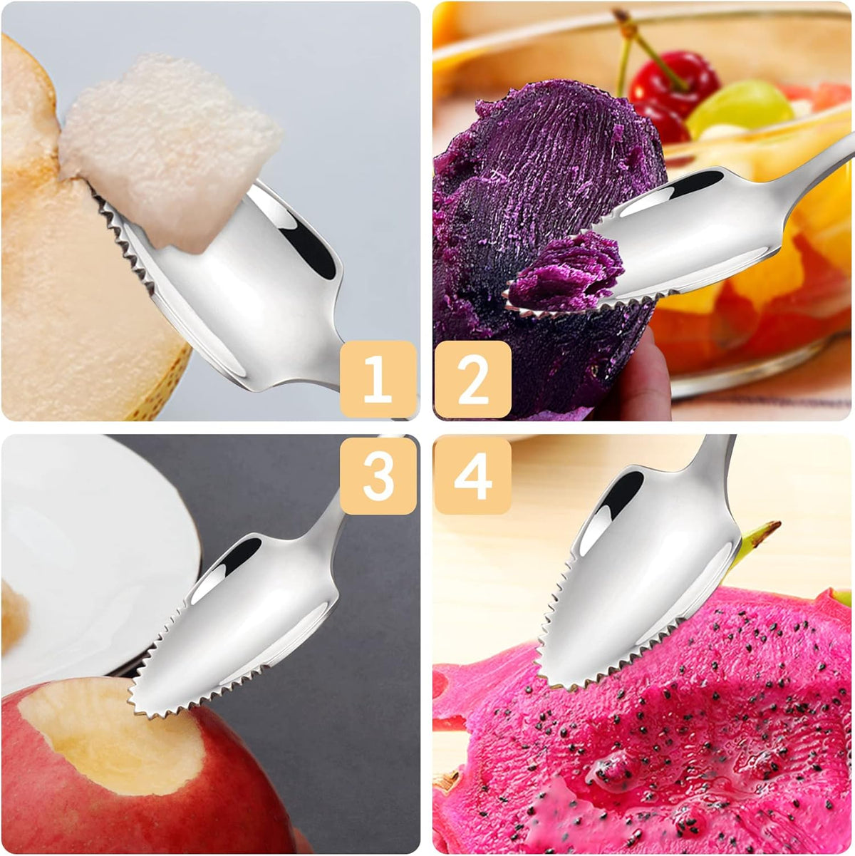 Nunnik Grapefruit Spoons Grapefruit Knife 6 Piece Stainless Steel Grapefruit Utensil Set Grapfruit knife Serrated Spoon Silver Fruit Knife Set Kitchen Gadgets for Grape Kiwi Lemon Desserts