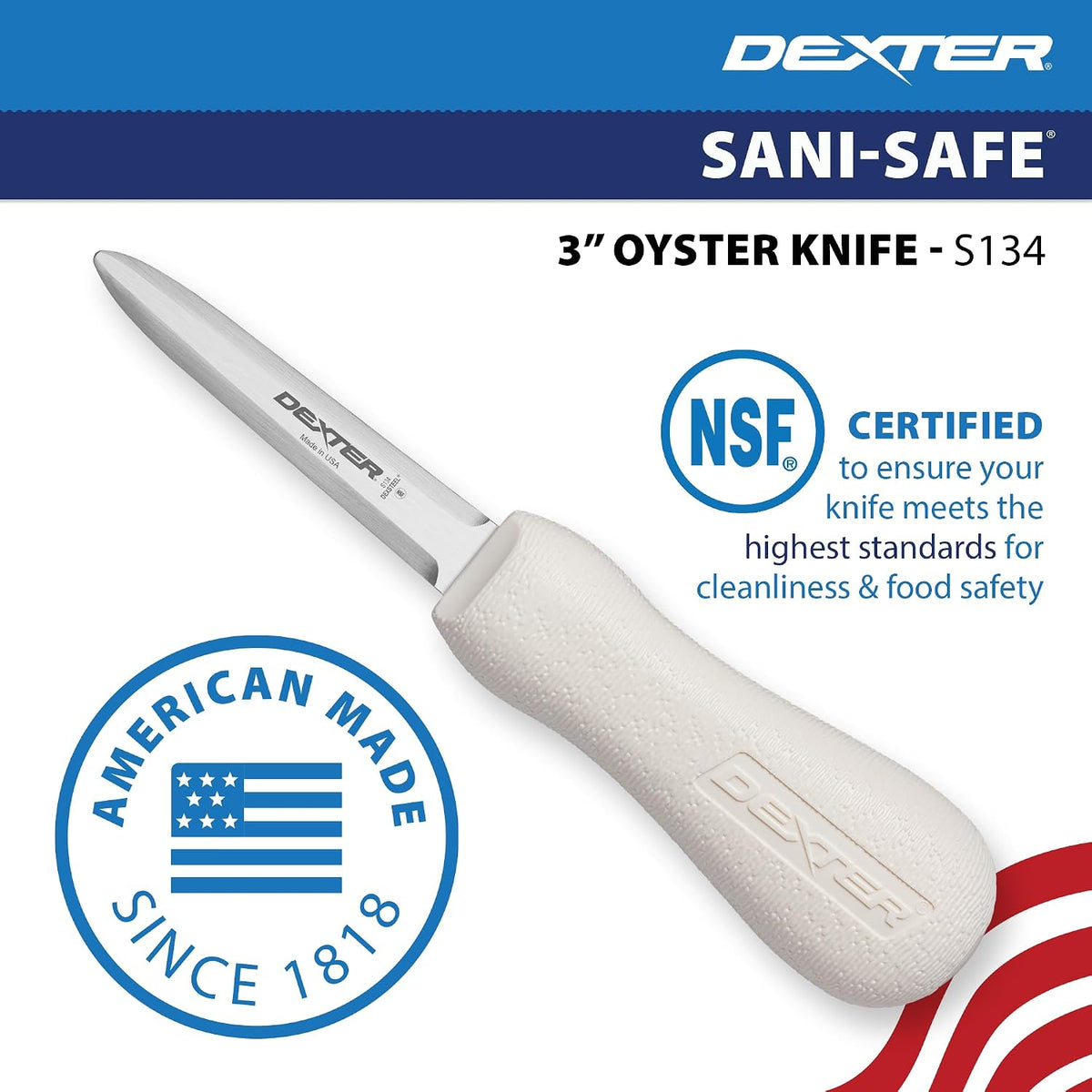 3" Boston-Style Oyster Knife | S134PCP, High Carbon, High Alloy Stain-Free DEXSTEEL Blade | Sani-Safe Polypropylene Handle | NSF Certified | Made in USA