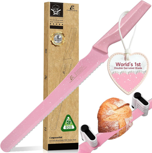 Upgrade Bread Knife for Homemade Bread, World‘s 1st Double Serrated Knife for Crusty Sourdough, 11.6 Inch Stainless Steel Bread Slicer, Professional Sourdough Cutter, Ideal for Gift, Pink