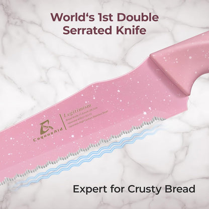 Upgrade Bread Knife for Homemade Bread, World‘s 1st Double Serrated Knife for Crusty Sourdough, 11.6 Inch Stainless Steel Bread Slicer, Professional Sourdough Cutter, Ideal for Gift, Pink
