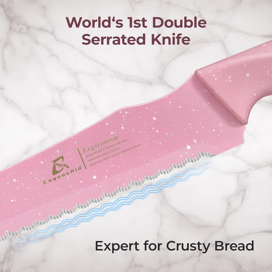 Upgrade Bread Knife for Homemade Bread, World‘s 1st Double Serrated Knife for Crusty Sourdough, 11.6 Inch Stainless Steel Bread Slicer, Professional Sourdough Cutter, Ideal for Gift, Pink