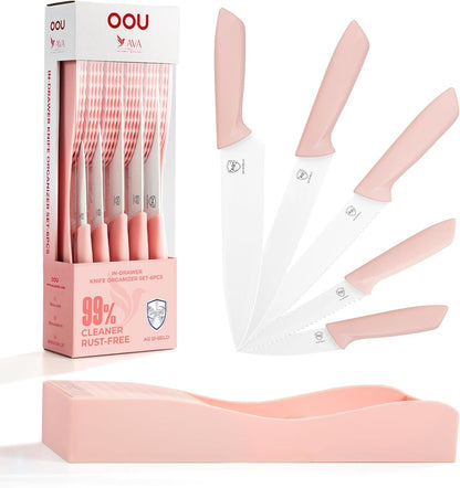 In-Drawer Kitchen Knife Set, Space-Saving Cutlery and Kitchen Organizer, Includes Chef, Bread, Santoku, Utility and Paring Knives, 6-Piece, Pink