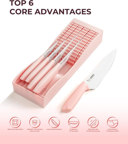 In-Drawer Kitchen Knife Set, Space-Saving Cutlery and Kitchen Organizer, Includes Chef, Bread, Santoku, Utility and Paring Knives, 6-Piece, Pink