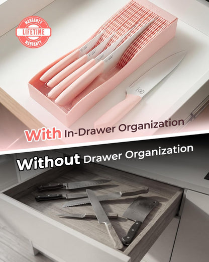 In-Drawer Kitchen Knife Set, Space-Saving Cutlery and Kitchen Organizer, Includes Chef, Bread, Santoku, Utility and Paring Knives, 6-Piece, Pink