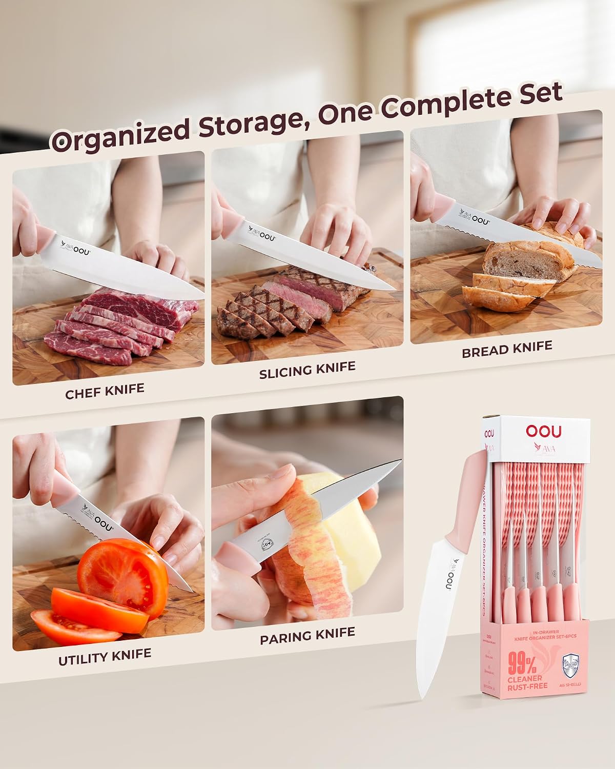 In-Drawer Kitchen Knife Set, Space-Saving Cutlery and Kitchen Organizer, Includes Chef, Bread, Santoku, Utility and Paring Knives, 6-Piece, Pink