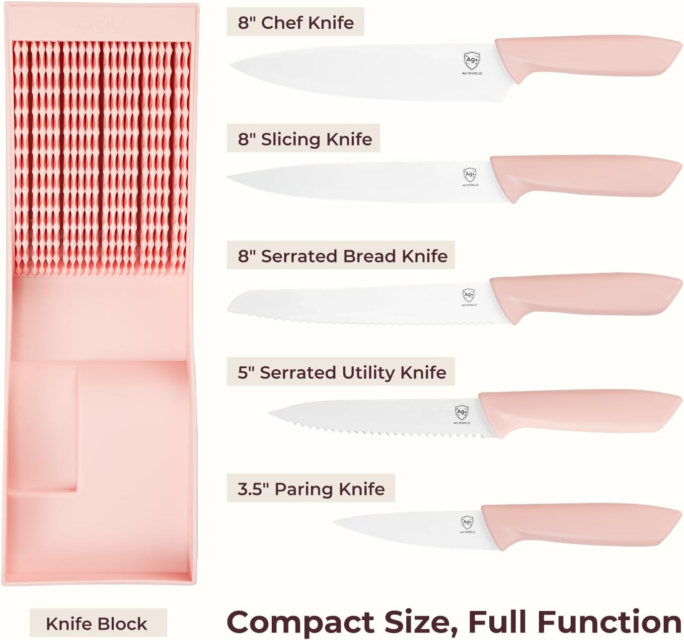 In-Drawer Kitchen Knife Set, Space-Saving Cutlery and Kitchen Organizer, Includes Chef, Bread, Santoku, Utility and Paring Knives, 6-Piece, Pink