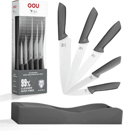 In-Drawer Kitchen Knife Set, Space-Saving Cutlery and Kitchen Organizer, Includes Chef, Bread, Santoku, Utility and Paring Knives, 6-Piece, Pink
