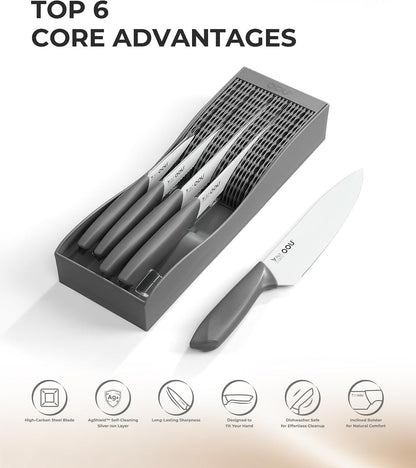In-Drawer Kitchen Knife Set, Space-Saving Cutlery and Kitchen Organizer, Includes Chef, Bread, Santoku, Utility and Paring Knives, 6-Piece, Pink
