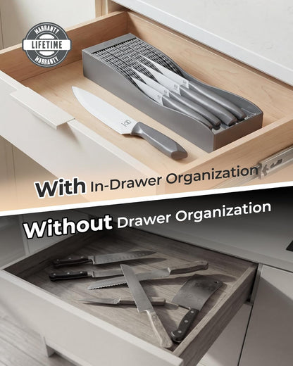 In-Drawer Kitchen Knife Set, Space-Saving Cutlery and Kitchen Organizer, Includes Chef, Bread, Santoku, Utility and Paring Knives, 6-Piece, Pink