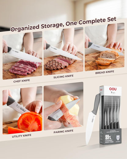 In-Drawer Kitchen Knife Set, Space-Saving Cutlery and Kitchen Organizer, Includes Chef, Bread, Santoku, Utility and Paring Knives, 6-Piece, Pink