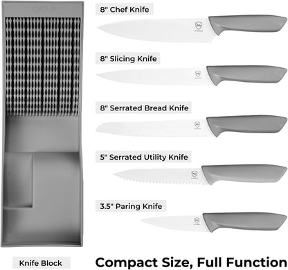 In-Drawer Kitchen Knife Set, Space-Saving Cutlery and Kitchen Organizer, Includes Chef, Bread, Santoku, Utility and Paring Knives, 6-Piece, Pink