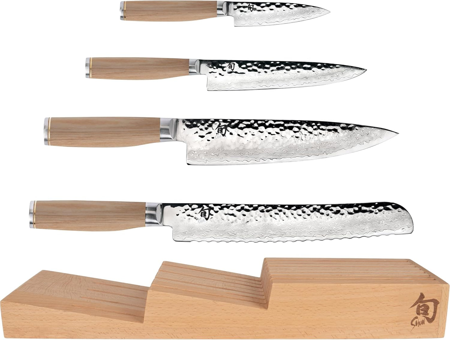 Premier Blonde 5 Piece In-Drawer Set | Includes 8" Chef's, 4" Paring, 6.5" Utility, 9" Bread Knife & Tray, Damascus Stainless Steel Cladding, Pakkawood Handle
