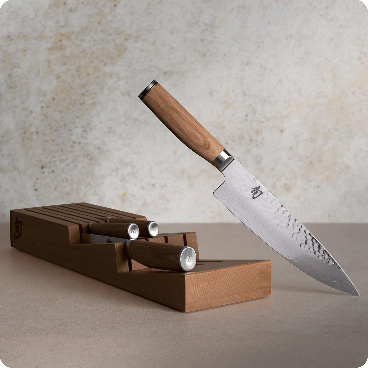 Premier Blonde 5 Piece In-Drawer Set | Includes 8" Chef's, 4" Paring, 6.5" Utility, 9" Bread Knife & Tray, Damascus Stainless Steel Cladding, Pakkawood Handle