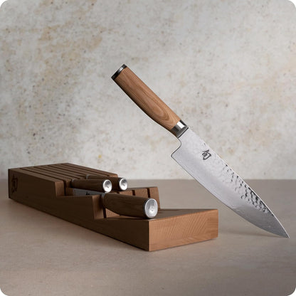 Premier Blonde 5 Piece In-Drawer Set | Includes 8" Chef's, 4" Paring, 6.5" Utility, 9" Bread Knife & Tray, Damascus Stainless Steel Cladding, Pakkawood Handle