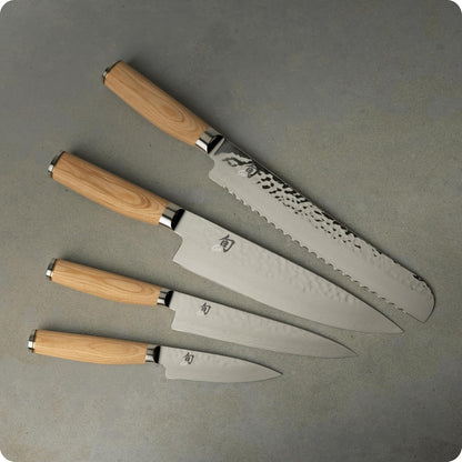 Premier Blonde 5 Piece In-Drawer Set | Includes 8" Chef's, 4" Paring, 6.5" Utility, 9" Bread Knife & Tray, Damascus Stainless Steel Cladding, Pakkawood Handle