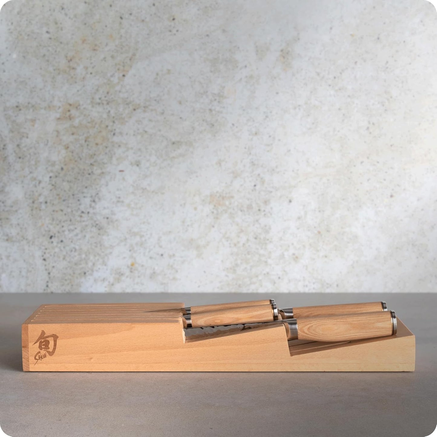 Premier Blonde 5 Piece In-Drawer Set | Includes 8" Chef's, 4" Paring, 6.5" Utility, 9" Bread Knife & Tray, Damascus Stainless Steel Cladding, Pakkawood Handle