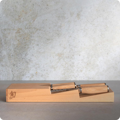 Premier Blonde 5 Piece In-Drawer Set | Includes 8" Chef's, 4" Paring, 6.5" Utility, 9" Bread Knife & Tray, Damascus Stainless Steel Cladding, Pakkawood Handle