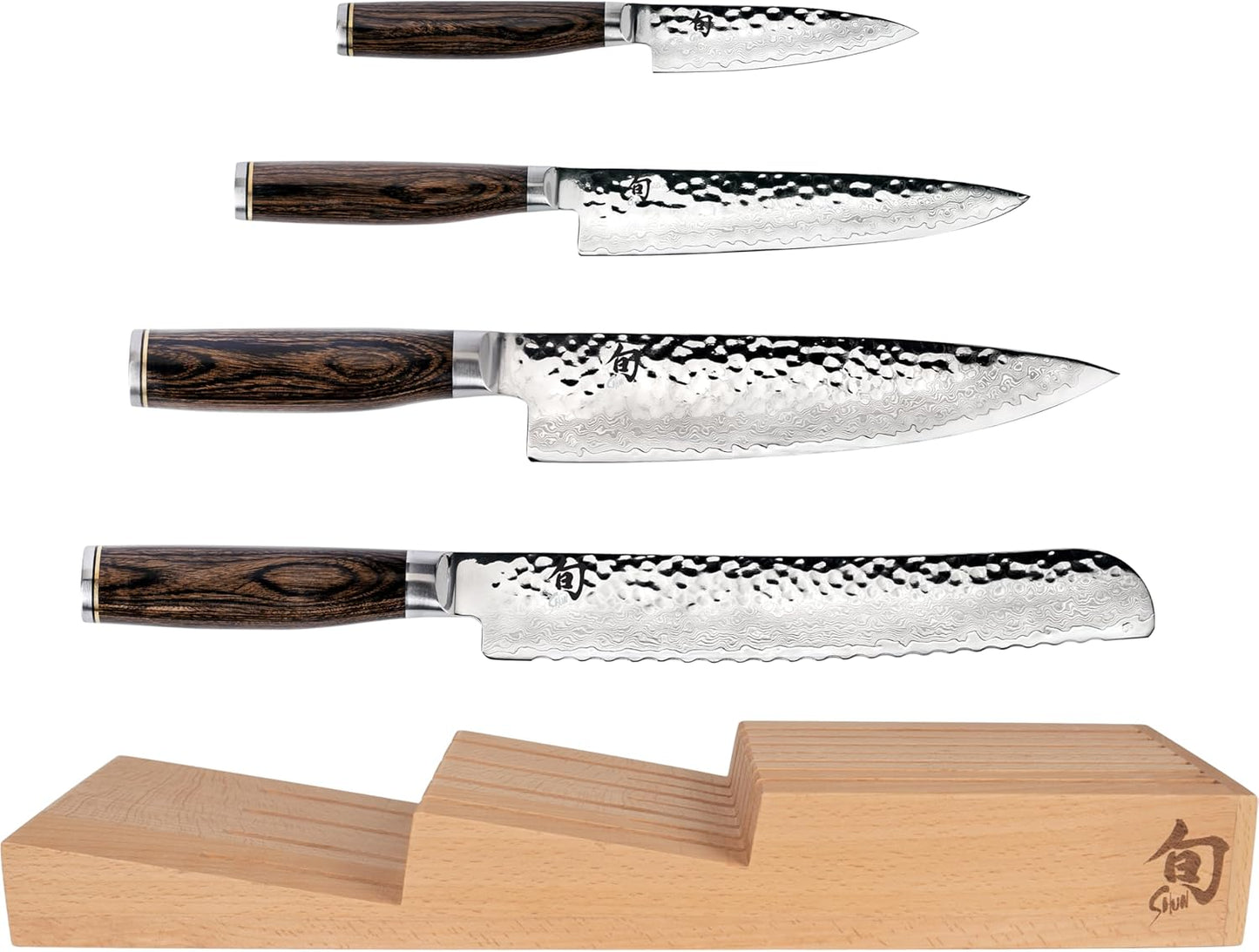 Premier Blonde 5 Piece In-Drawer Set | Includes 8" Chef's, 4" Paring, 6.5" Utility, 9" Bread Knife & Tray, Damascus Stainless Steel Cladding, Pakkawood Handle