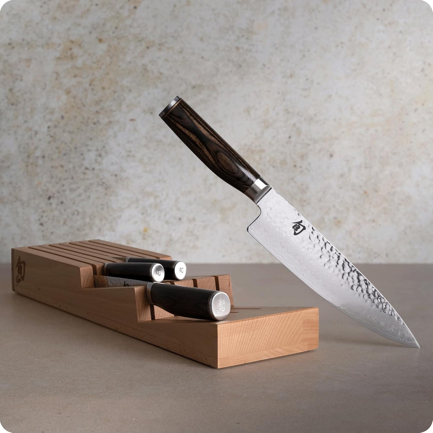 Premier Blonde 5 Piece In-Drawer Set | Includes 8" Chef's, 4" Paring, 6.5" Utility, 9" Bread Knife & Tray, Damascus Stainless Steel Cladding, Pakkawood Handle