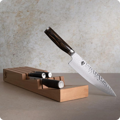 Premier Blonde 5 Piece In-Drawer Set | Includes 8" Chef's, 4" Paring, 6.5" Utility, 9" Bread Knife & Tray, Damascus Stainless Steel Cladding, Pakkawood Handle