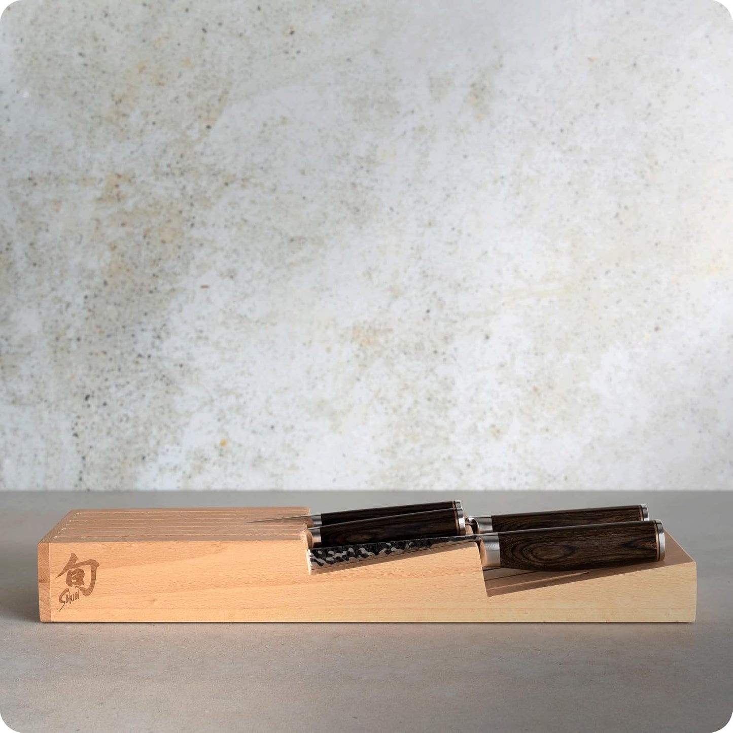 Premier Blonde 5 Piece In-Drawer Set | Includes 8" Chef's, 4" Paring, 6.5" Utility, 9" Bread Knife & Tray, Damascus Stainless Steel Cladding, Pakkawood Handle