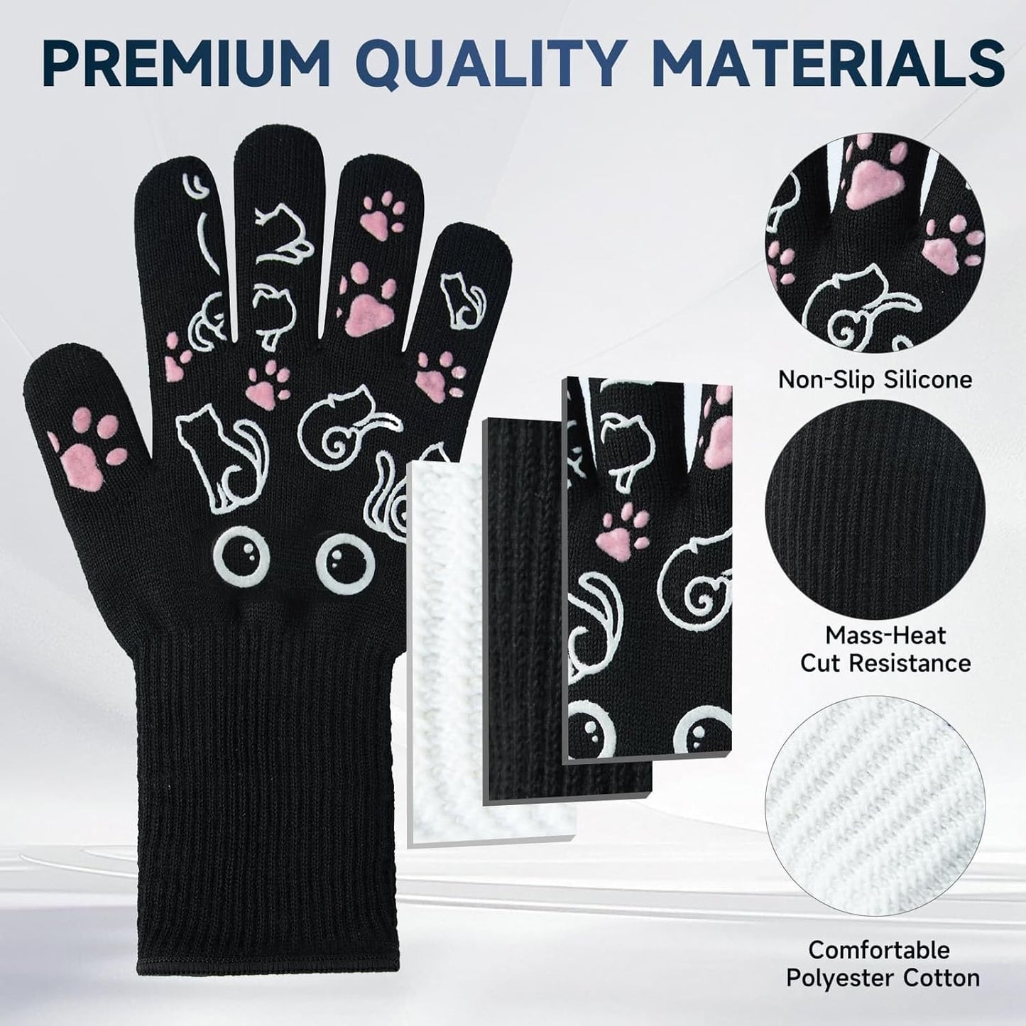 BBQ Gloves - 1472℉ Heat Resistant Grilling Cooking Oven Gloves with Fingers, 1 Pair Cat