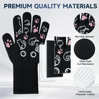 BBQ Gloves - 1472℉ Heat Resistant Grilling Cooking Oven Gloves with Fingers, 1 Pair Cat